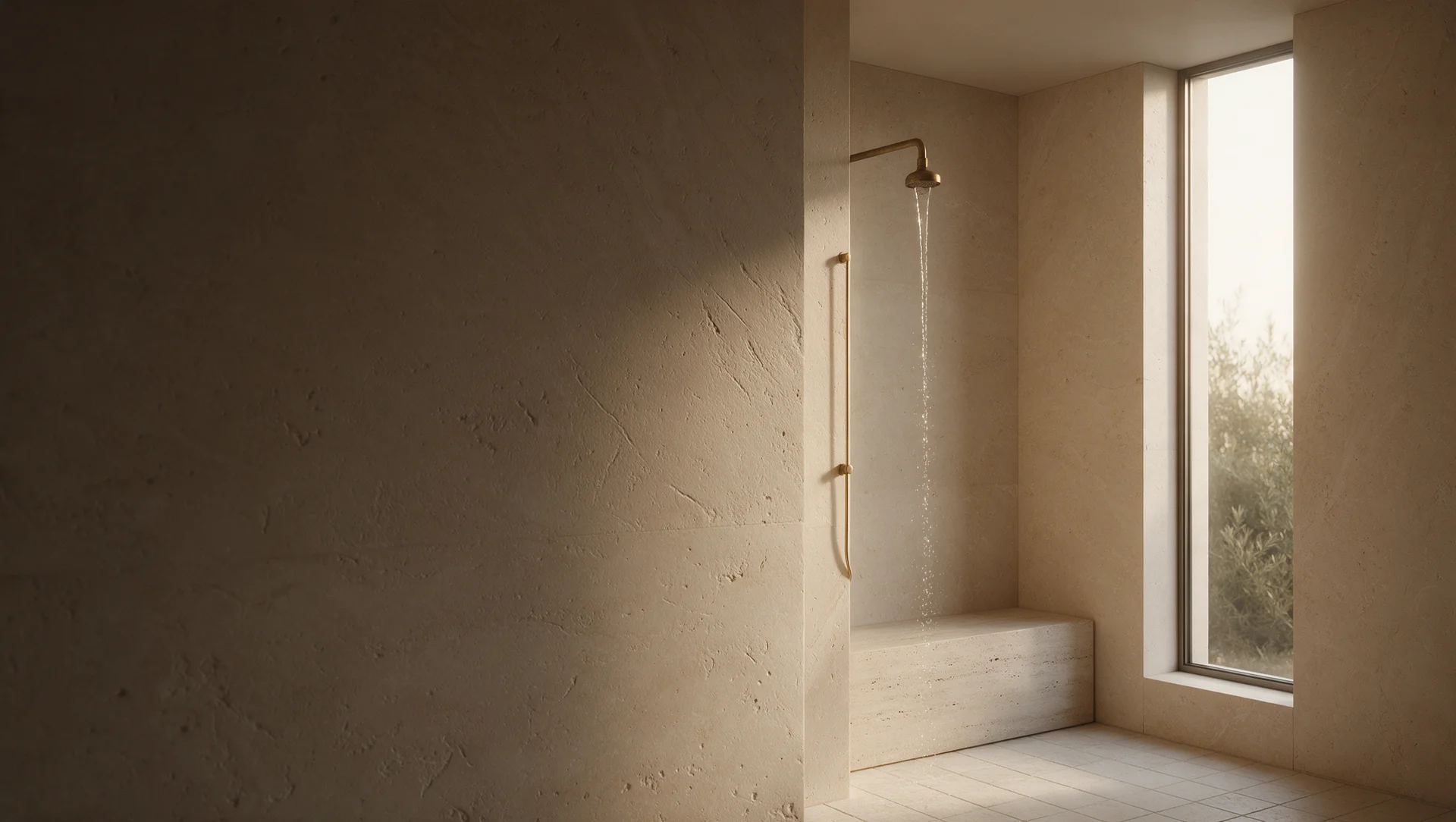 Concept: sunlit limestone bathroom with brushed brass details