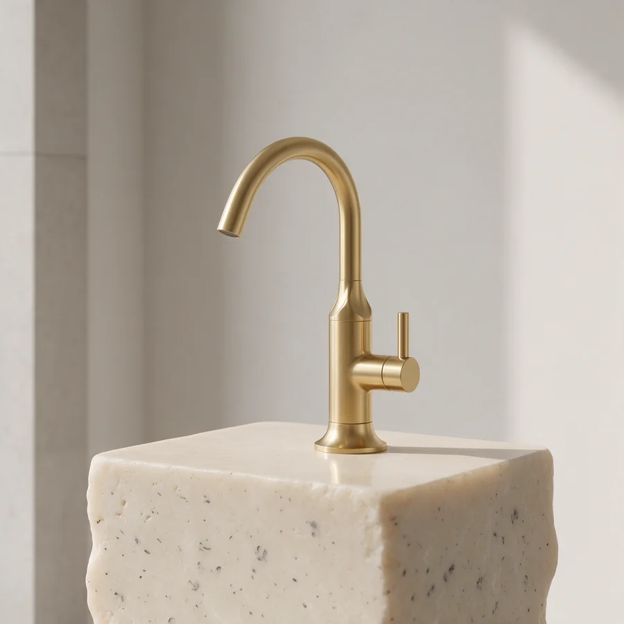 Brushed brass tap concept on limestone